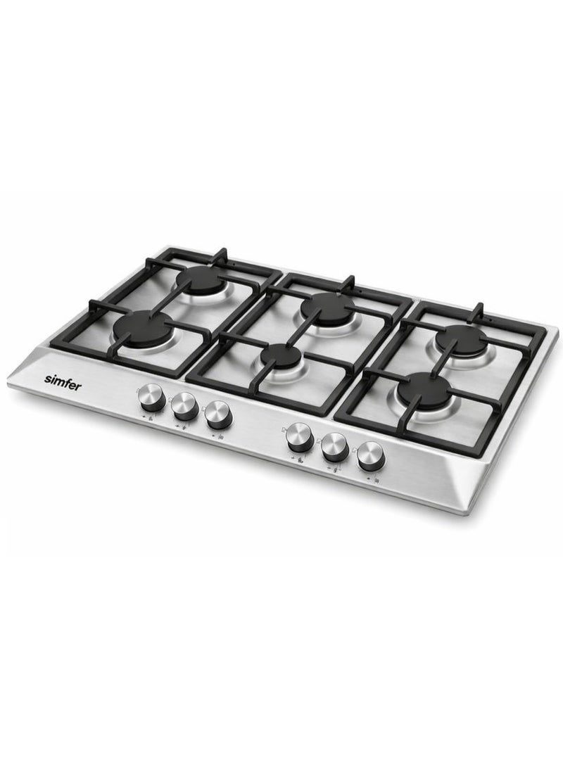 Simfer Built-In Gas Hob 90 cm Stainless Steel, Pyramidal Design, 6 Sabaf Burners, Front Control Knobs, Cast Iron Pan Supports, Auto Ignition, Full Safety –  H9605WGWIM - Image 2